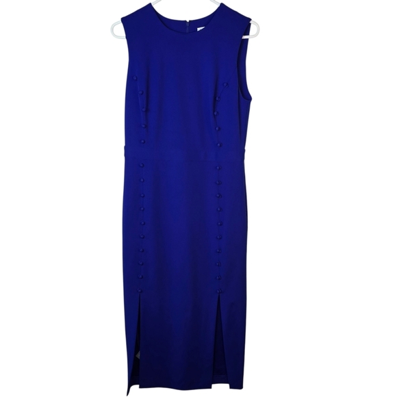 Calvin Klein Sheath Midi Dress Button-Trim Details Side-Slit Cobalt Blue Sz 8 - Picture 2 of 16